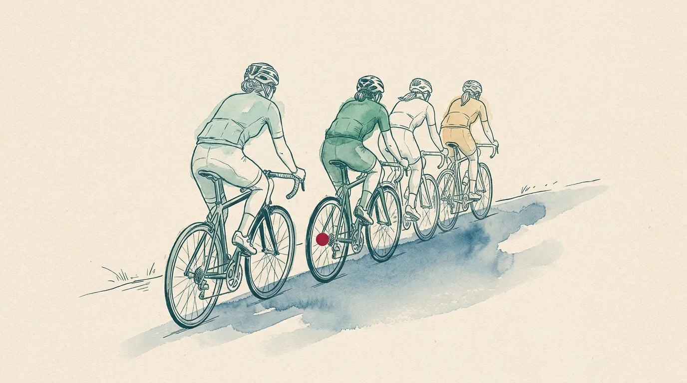 A hand-tinted letterpress illustration: four cyclists seen from behind ride in a tight single-file line up a rising road, holding one speed together.