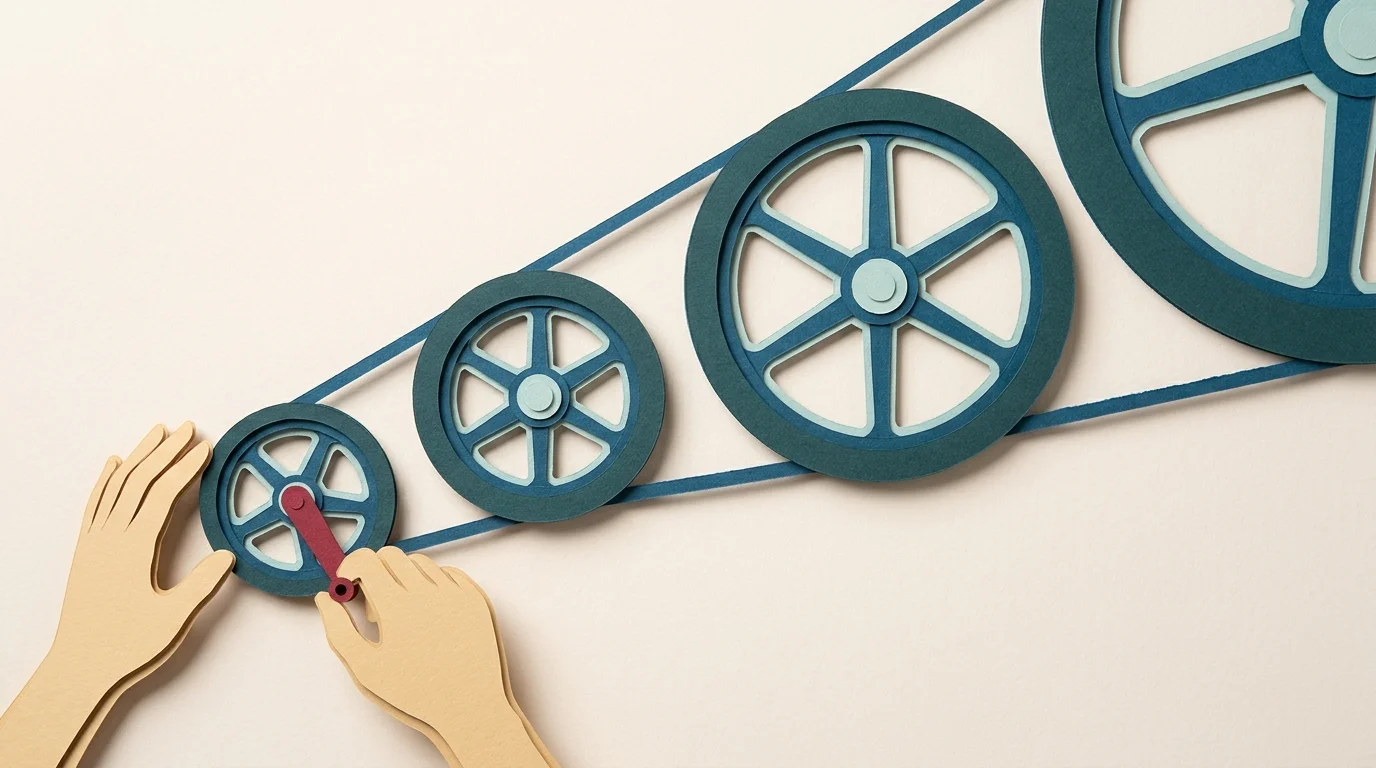 A layered cut-paper illustration: a pair of hands turns a small crank on the first of a chain of flywheels, each larger than the last, all driven by one belt and running off the edge of the frame.