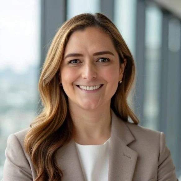 Amanda Tacker Winfrey, smiling, with long light-brown hair, in a taupe blazer over a white top, in front of office windows.