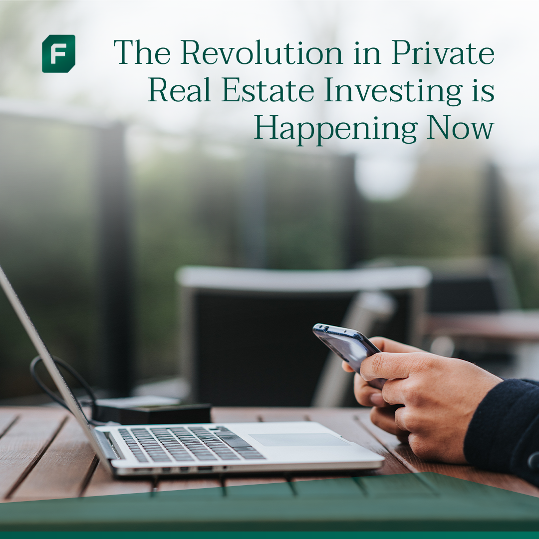 Forte campaign visual: the headline The Revolution in Private Real Estate Investing is Happening Now alongside a photograph of hands using a laptop and phone, anchored by the Forte F mark