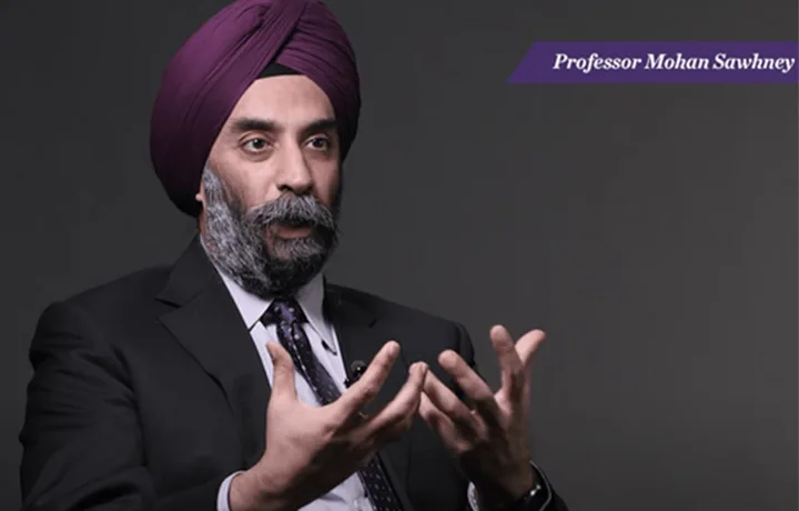Still from the video series — Professor Mohan Sawhney speaking to camera, his name in a purple title bar.