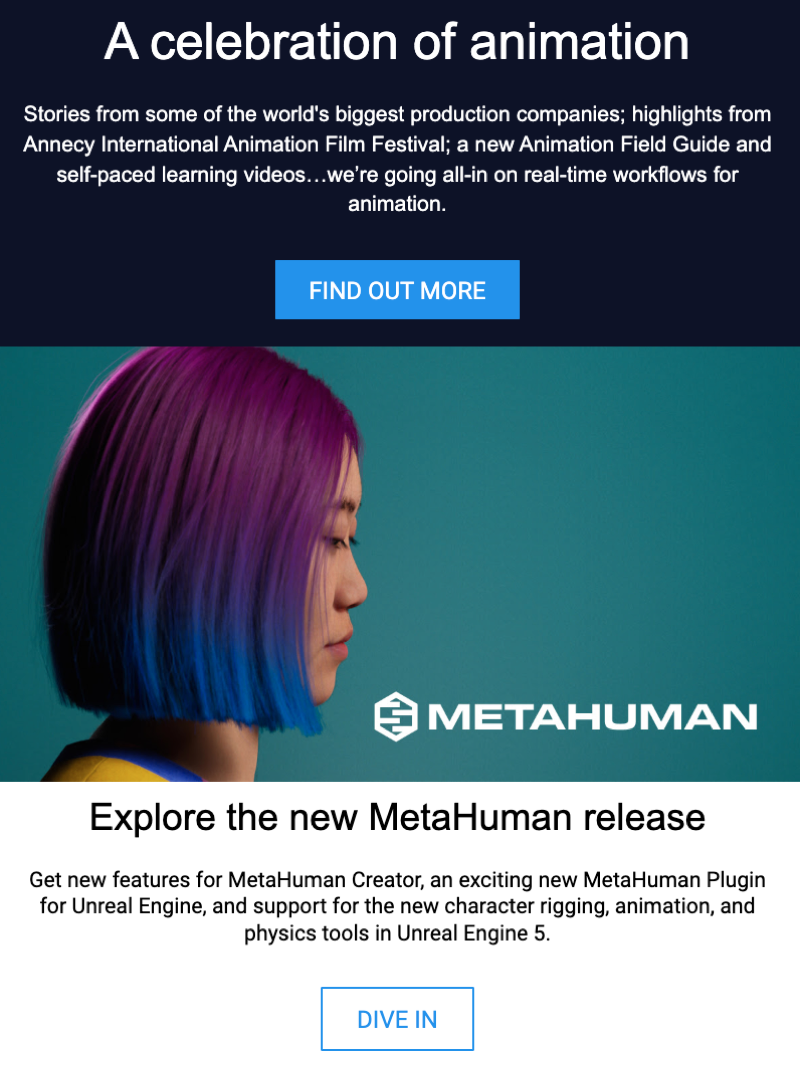 MetaHuman launch campaign email: ‘A celebration of animation’ and ‘Explore the new MetaHuman release’ — highlighting the MetaHuman Plugin for Unreal Engine and UE5 support.