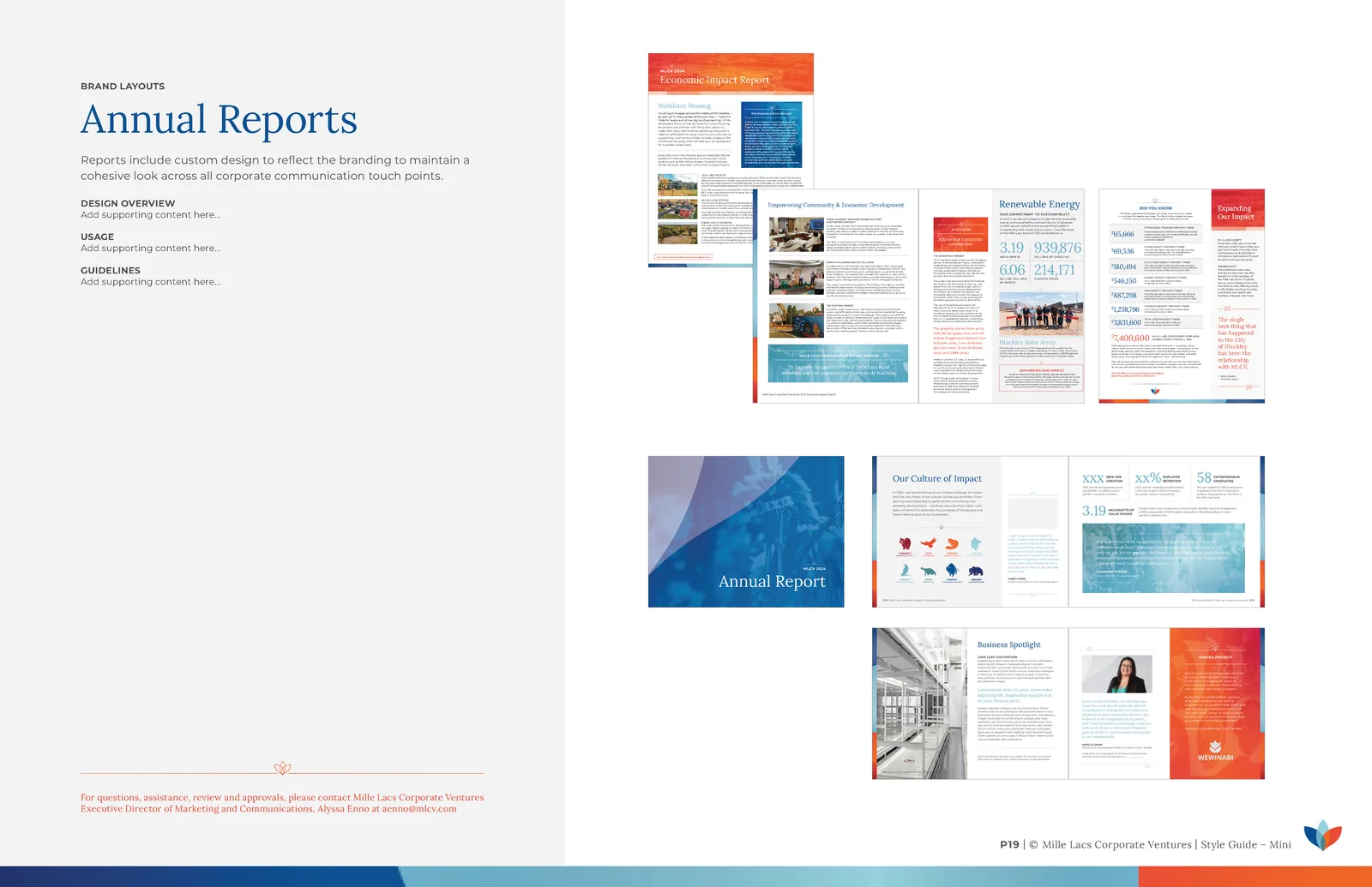 MLCV brand guidelines — annual and economic impact report templates.