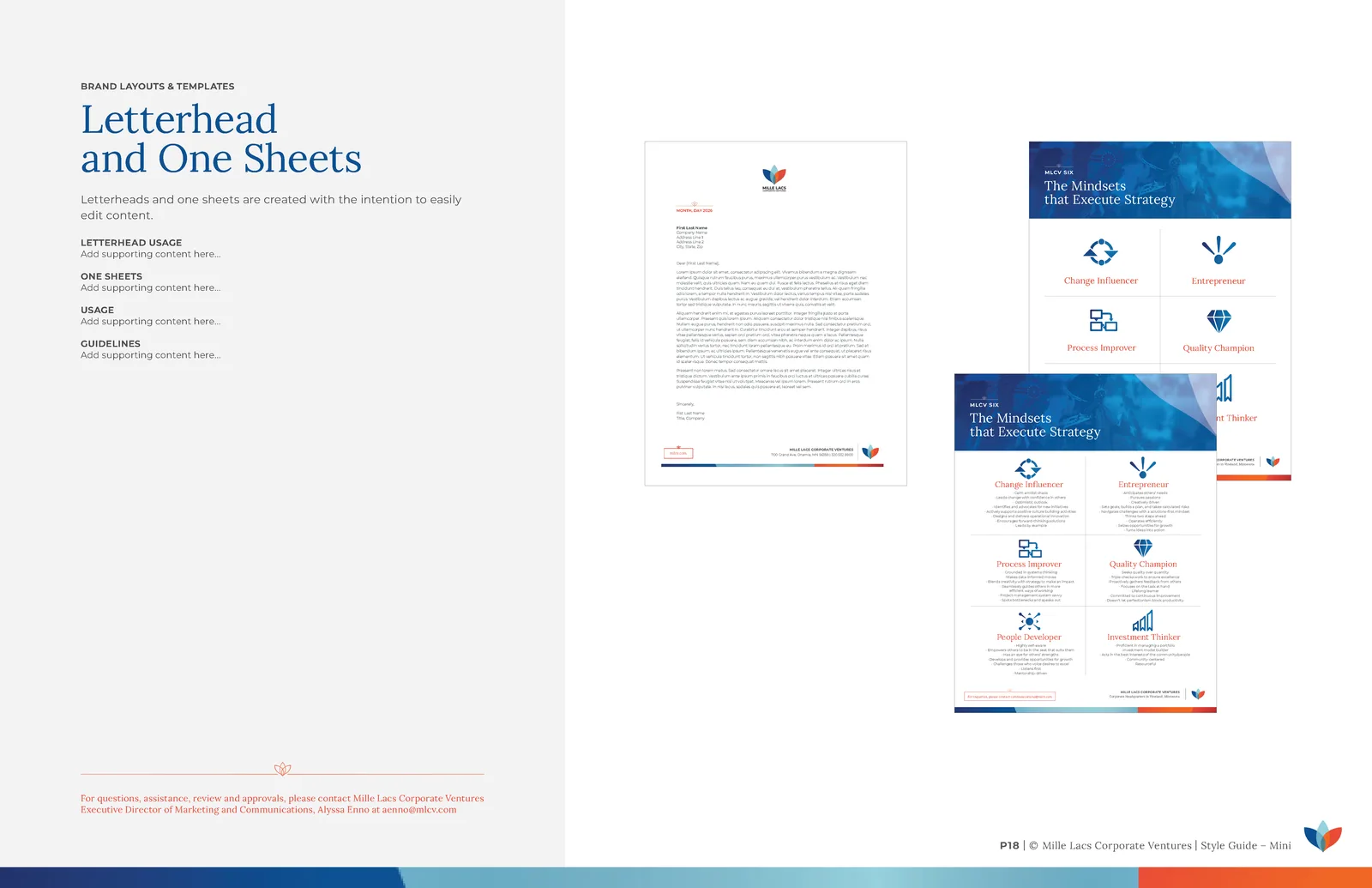 MLCV brand guidelines — letterhead and one-sheet templates.