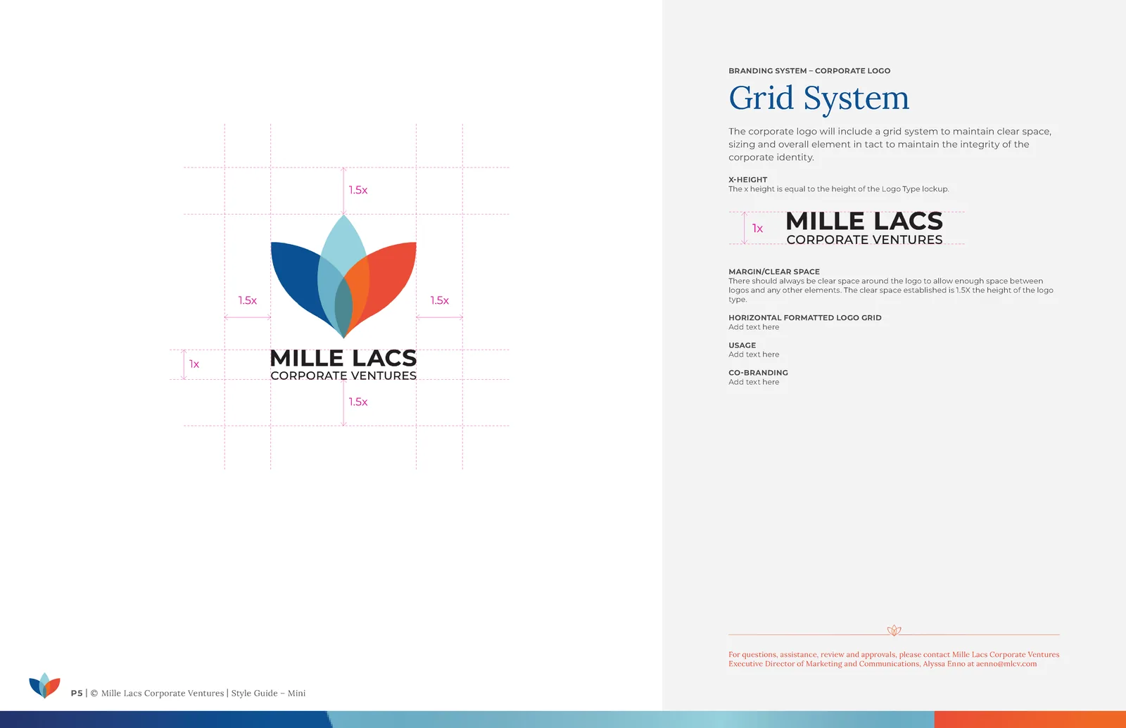 MLCV brand guidelines — the construction grid and clear-space system for the logo.
