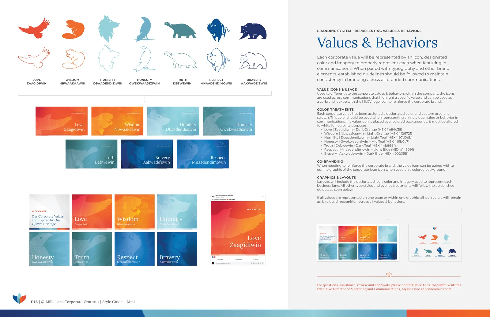 MLCV brand guidelines — icons and designs for the values and behaviors.