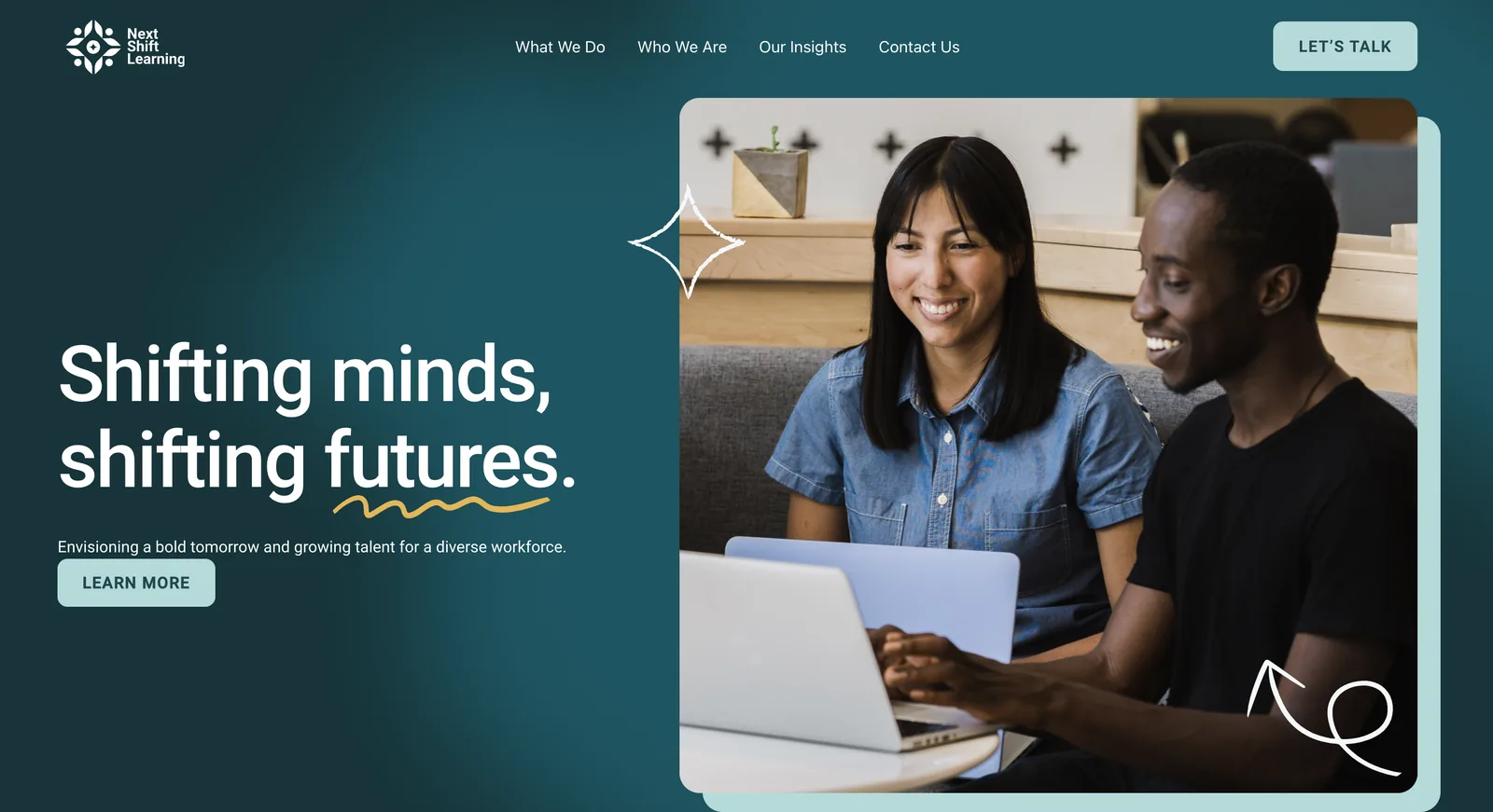 The Next Shift Learning homepage — the headline “Shifting minds, shifting futures.” in white on a deep teal field, beside a photograph of two people working together at a laptop.