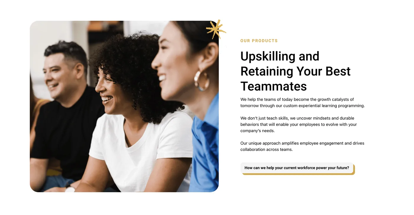 Next Shift Learning product page section headed “Upskilling and Retaining Your Best Teammates,” describing custom experiential learning programming, beside a photograph of three colleagues laughing together.
