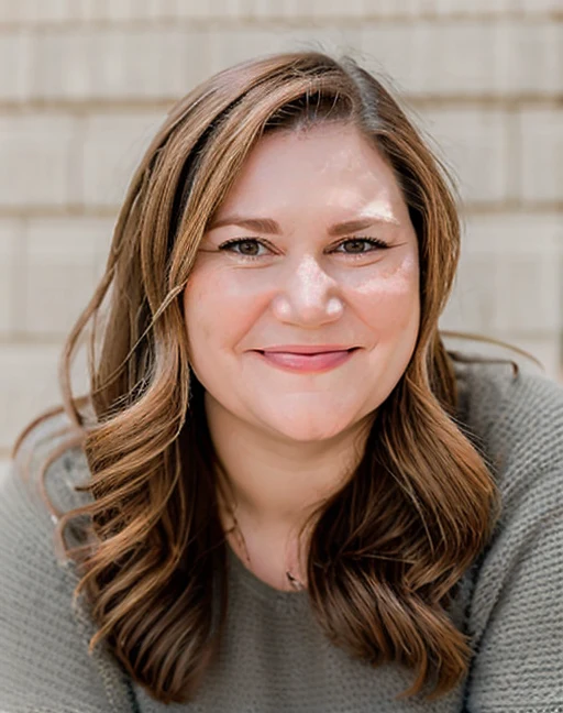 Sarah Aylward, smiling, in a grey sweater against a pale brick wall.
