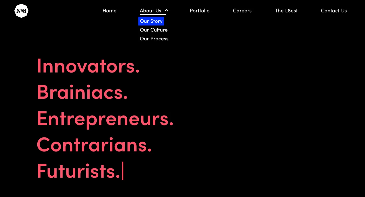 Store Nº8 website homepage — Innovators. Brainiacs. Entrepreneurs. Contrarians. Futurists. set in coral on black.