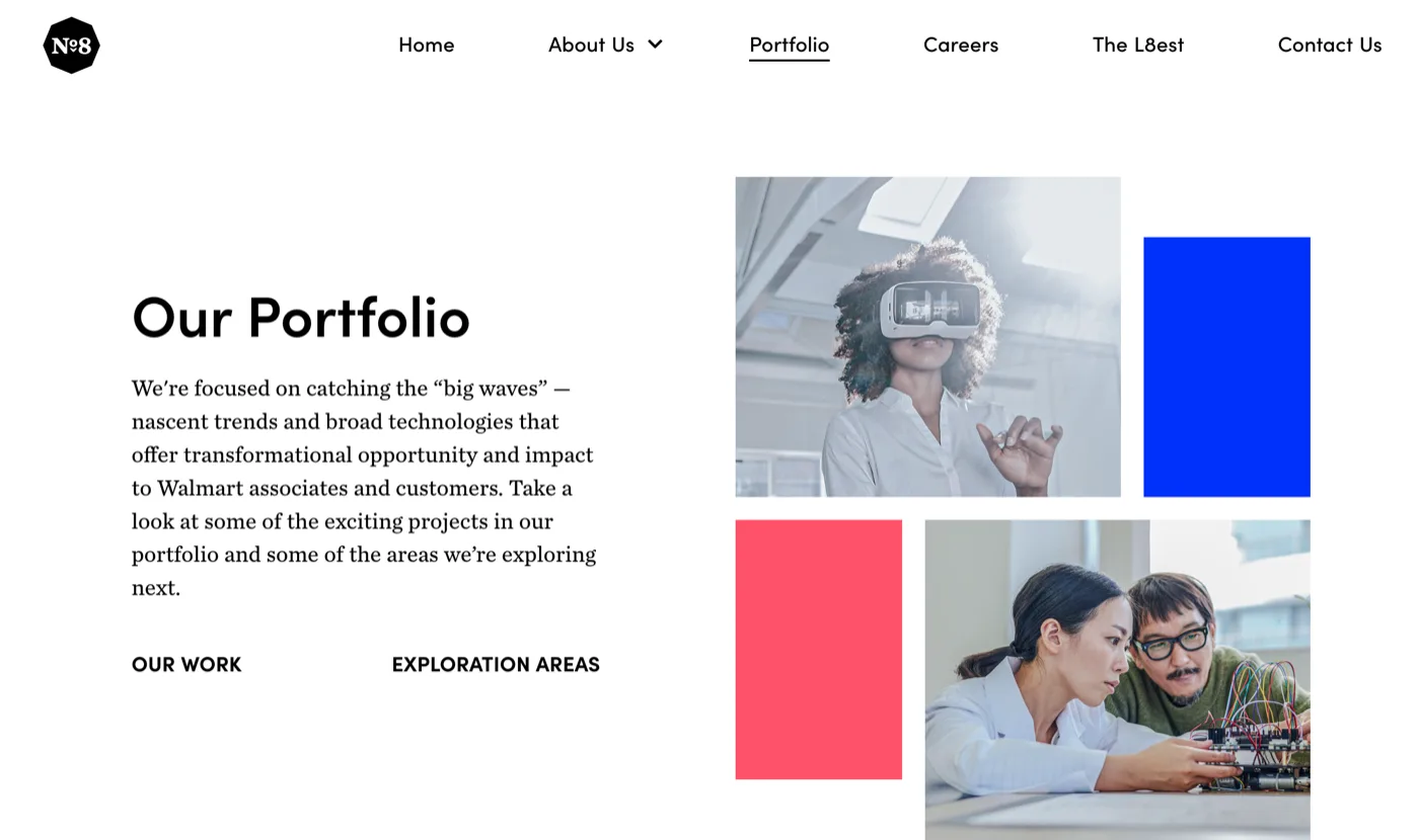 Store Nº8 website portfolio page, describing the team's focus on catching the big waves of nascent technology.