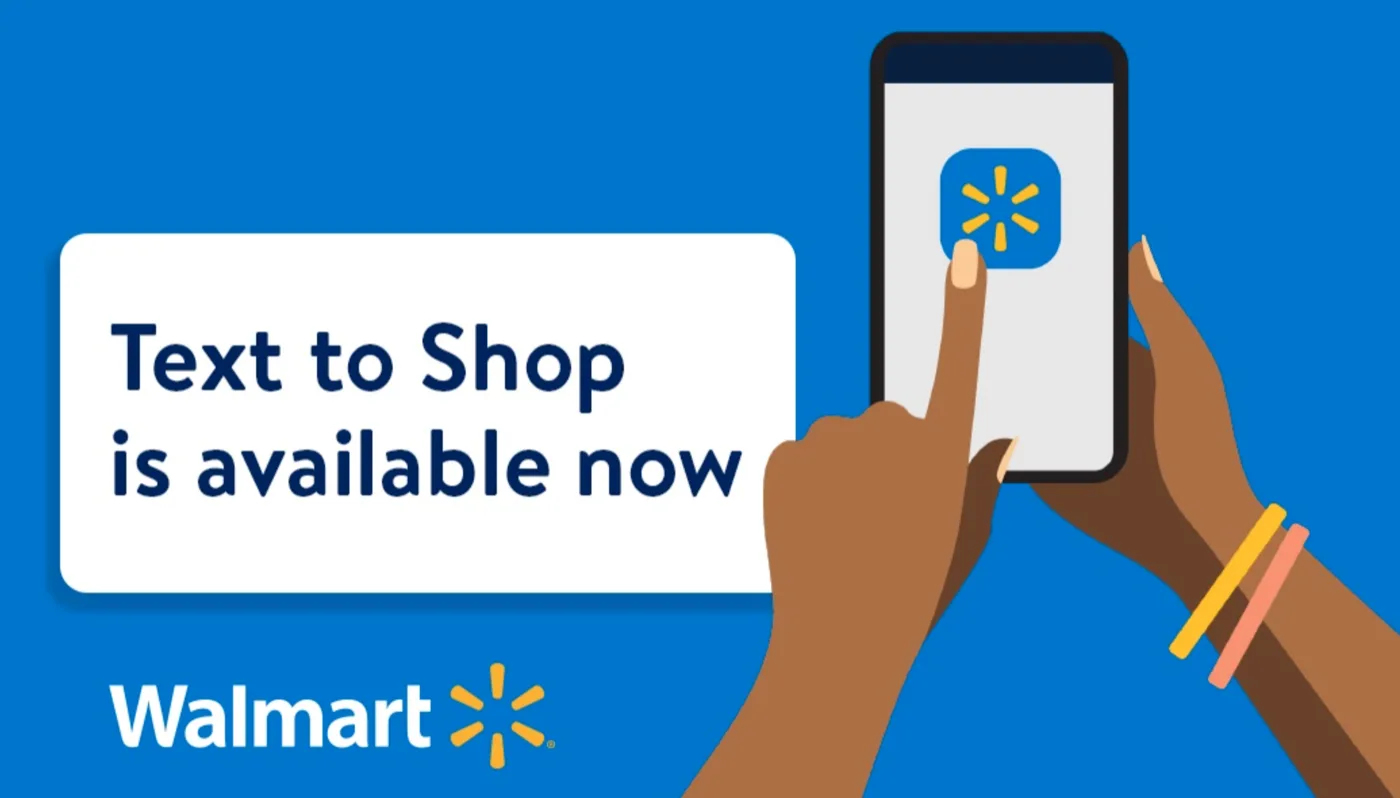 Walmart Text to Shop launch graphic — a hand tapping the Walmart app on a phone.