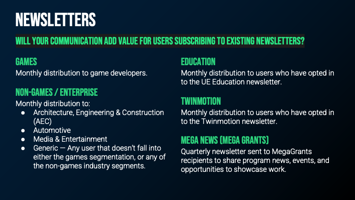Unreal Engine newsletters: example newsletter layouts from the audited email program.