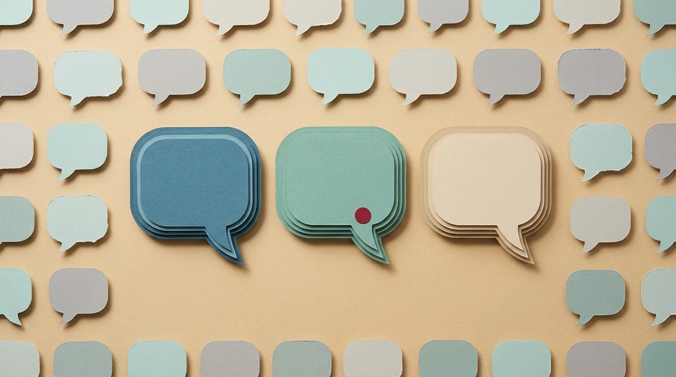 Three large stacked cut-paper speech bubbles of the same shape in blue, green and stone, standing over a quiet field of smaller paper bubbles, with one garnet dot on the middle bubble.