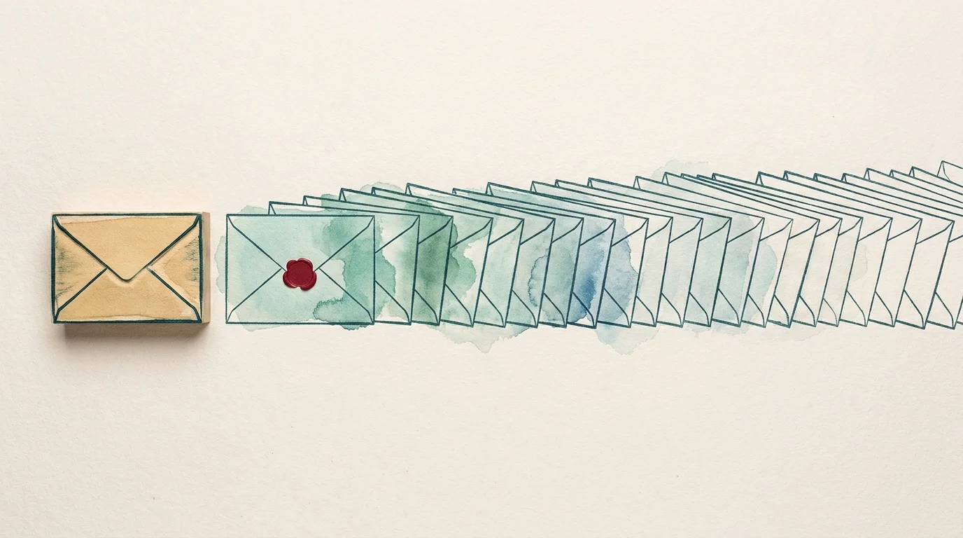 A hand-tinted letterpress illustration: a single wooden printing block bearing an envelope shape, and beside it a long run of identical printed envelopes fanning off the edge of the page, the first one closed with a small garnet wax seal.