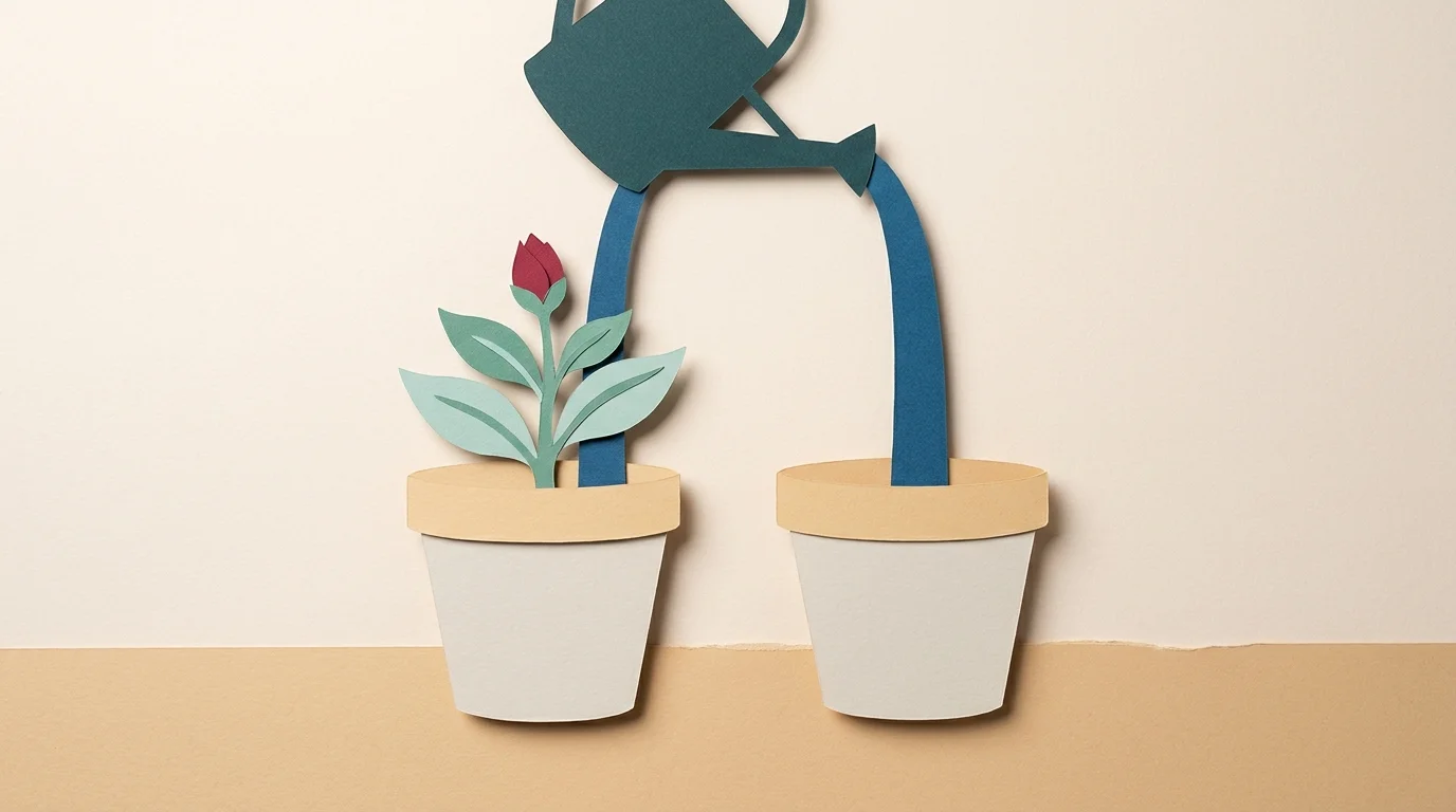 A layered cut-paper illustration: one watering can pours two identical streams of water into two plant pots. The left pot holds a leafy seedling with a single garnet bud; the right pot holds only bare soil.