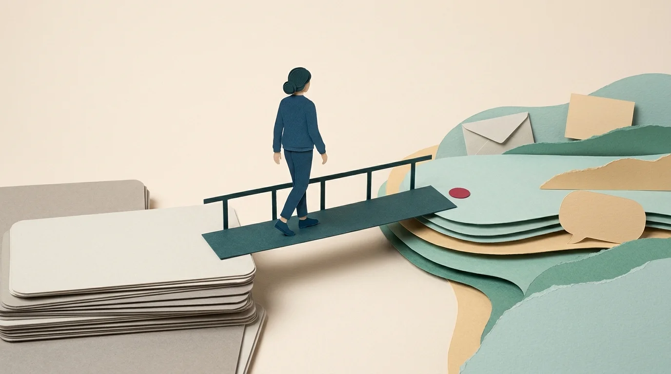 A layered cut-paper illustration: a woman walks across a slender footbridge from a flat stack of blank cards to a layered landscape of paper terraces holding an envelope, a card and a speech bubble.